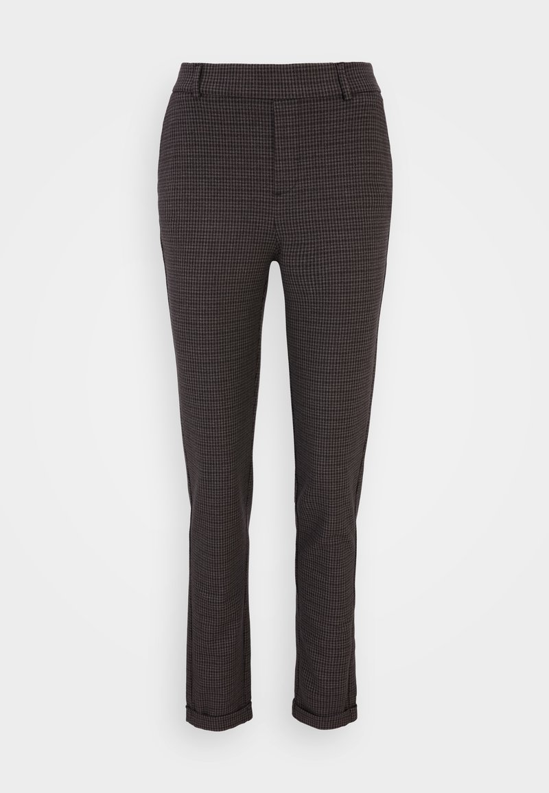 Pantalon slim fit gris foncé à carreaux avec revers et ceinture avec passants, présenté sur fond blanc.