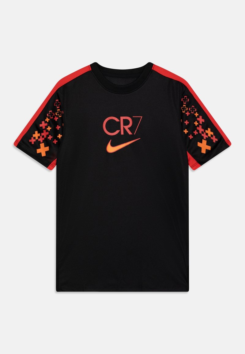 Svart kortärmad sporttröja med röda axelränder, orange pixeliserade korsmönster på ärmarna och röd "CR7" med orange Nike-swoosh på framsidan.
