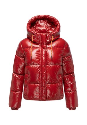 Rote Daunenjacke mit glänzender Oberfläche, übergroßer Kapuze und elastischen Bündchen. Verfügt über Kordelzüge und Fronttaschen.