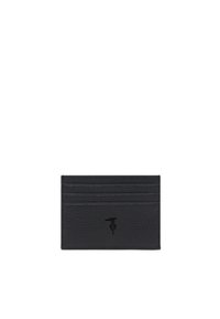 Portafoglio in pelle nera con cinque scomparti per carte e un piccolo logo impresso al centro anteriore.