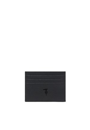Black leather cardholder with five card slots and a small embossed logo on the front center.