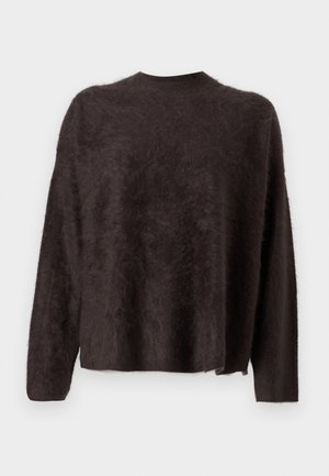 Maglione marrone scuro, morbido e peloso, con un collo alto e maniche lunghe; vestibilità ampia e texture soffice, con orlo leggermente accorciato.