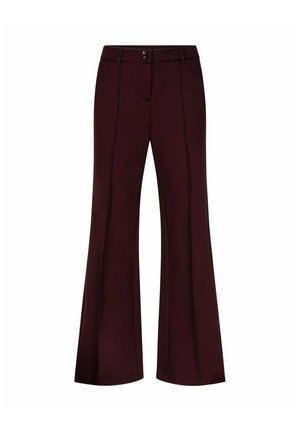 Donkerbruine broek met hoge taille, uitlopende pijpen, voornaaddetails, ceintuurlussen en dubbele knoopsluiting in de taille.