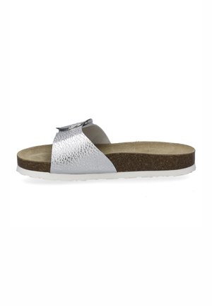 Silver faux leather slide sandal with a textured strap, cork footbed, and white rubber sole. Features a decorative metal accent.