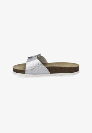 Silver faux leather slide sandal with a textured strap, cork footbed, and white rubber sole. Features a decorative metal accent.