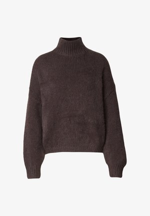 Tummanruskea pooloneule, jossa on ribbineulottu pinta, väljä hiha ja rento istuvuus. Valmistettu pehmeästä, paksusta neulemateriaalista.