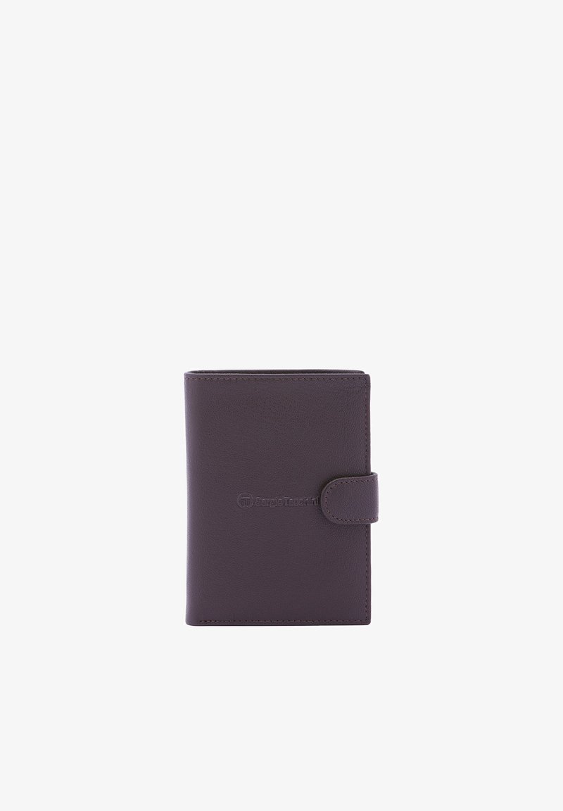 Portafoglio in pelle viola con una texture liscia, forma rettangolare e chiusura a scatto frontale. Presenta un logo sottile impresso sulla superficie.