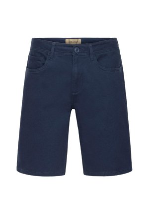 Marineblaue Jeansshorts mit Knopfverschluss, Fünf-Taschen-Design, geradem Schnitt und gesäumtem Saum. Weiche Textur und strapazierfähiger Stoff.