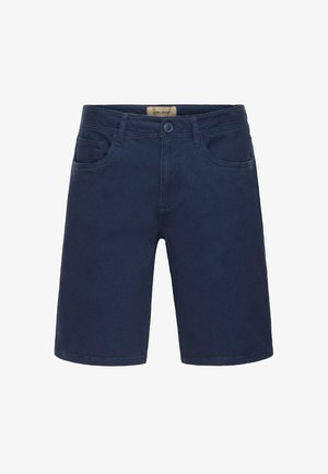 Marineblaue Jeansshorts mit Knopfverschluss, Fünf-Taschen-Design, geradem Schnitt und gesäumtem Saum. Weiche Textur und strapazierfähiger Stoff.