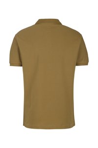 Braunes Baumwoll-Polohemd, kurze Ärmel, klassischer Kragen, einfarbig, gerader Saum, glatte Textur.