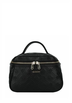 Schwarze Lederhandtasche mit geprägtem Blumenmuster, doppeltem Reißverschluss, kurzem Griff und goldfarbenen Beschlägen. Markenlogo auf der Vorderseite angebracht.