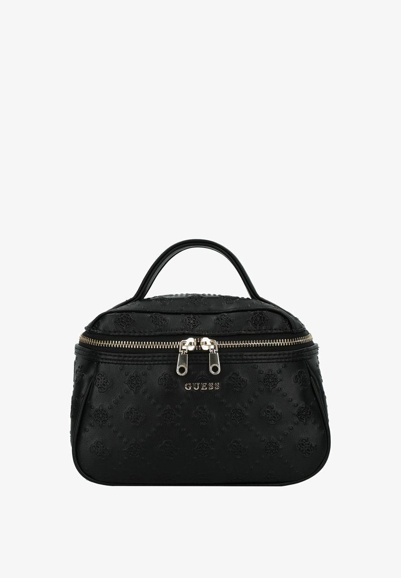 Zwarte leren tas met een reliëf bloemenpatroon, dubbele ritssluiting, korte handgreep en gouden hardware. Het merksymbool is op de voorkant afgebeeld.