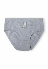 Pelēki kokvilnas apakšveļa ar gludu virsmu, priekšpusē ir vienkāršs zīmējums ar kaķi un ērta elastīga josta.