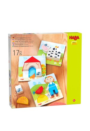 Jeu d’agencement en bois sur le thème de la ferme, comprenant 17 pièces : grange, fermier, poule, vache et pièces de puzzle en foin, pour les tout-petits dès 1,5 an.