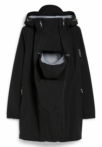 Musta vedenpitävä takki, jossa on korkea kaulus, säädettävä huppu ja useita vetoketjullisia taskuja. Takissa on irrotettava sisävuori hupulla.