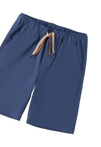 Pantalones cortos azules hechos de poliéster; cuentan con una cinturilla elástica y un cordón decorativo. Incluyen bolsillos laterales y tienen una textura suave.