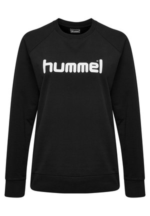 Zwarte sweatshirt met lange mouwen, ronde hals en ribgebreide boorden. Heeft een opvallend wit "hummel" logo op de borst. Gladde stofstructuur.