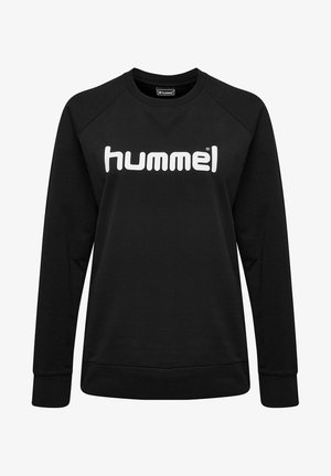 Zwarte sweatshirt met lange mouwen, ronde hals en ribgebreide boorden. Heeft een opvallend wit "hummel" logo op de borst. Gladde stofstructuur.