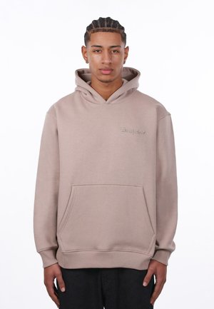 Beige Kapuzenpullover mit Kängurutasche, verstellbarem Kapuzenzug und gesticktem Text. Mit gerippten Bündchen und Saum für zusätzliche Struktur.