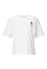 Camiseta blanca de algodón con mangas cortas y un corte relajado. Presenta un pequeño gráfico colorido de un personaje estilizado en el pecho.