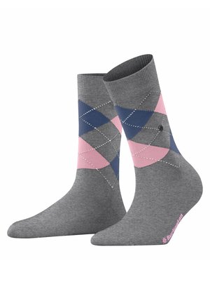 Calze alla caviglia grigie con un motivo argyle in blu navy e rosa, con accenti di cucitura bianchi. Logo stampato in rosa sul lato.