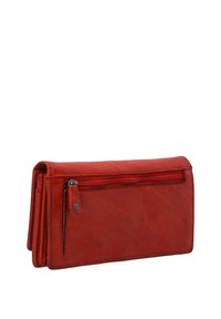 Rote Lederbörse mit einem Reißverschlussfach, flaches Design und sichtbaren Nähdetails. Die strukturierte Oberfläche verleiht Tiefe.