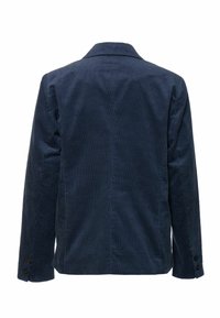 Giacca in velluto a coste blu navy con scollo con colletto, maniche lunghe, trama a coste e polsini con bottoni, vista posteriore e design a taglio dritto.