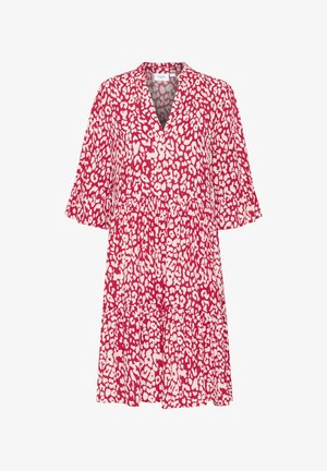 Red and white leopard print dress with a V-neck, short sleeves, and a tiered skirt design. Made from lightweight fabric.