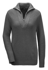 Grijze pullover trui met een halve rits kraag, gemêleerd breipatroon, lange mouwen en geribbelde manchetten en zoom. Bevat kabelbrei details.