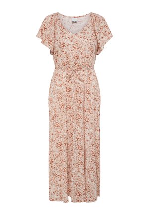 Vestito midi rosa chiaro con maniche corte a sbuffo, scollo a V, motivo floreale marrone e cintura in tessuto abbinata in vita.