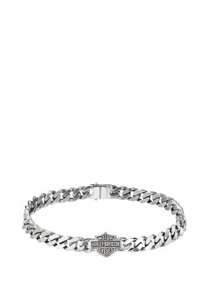 Silbernes Gliederarmband mit dicken Gliedern, mittig mit einer Harley-Davidson-Logo-Plakette und einem Verschluss.