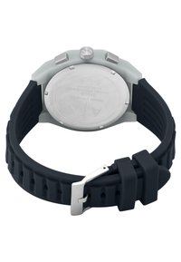 Black rubber strap watch with a stainless steel back and a round grey case. Features prominent buttons and textured strap for grip.