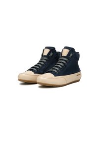 High-top sneakers with a navy upper, beige rubber sole, gray laces, and a side zipper. Smooth texture and minimal branding on the side.