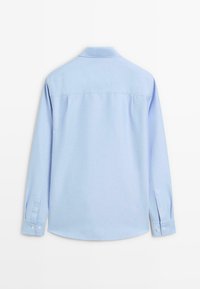Light blue long-sleeve shirt with a soft texture, a pointed collar, button cuffs, and a curved hem. Features a yoke across the back.