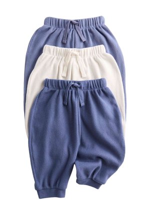 Set van drie gebreide babybroekjes in blauw en wit, elk met elastische taillebanden en aantrekkoorden, gestapeld weergegeven op een witte achtergrond.