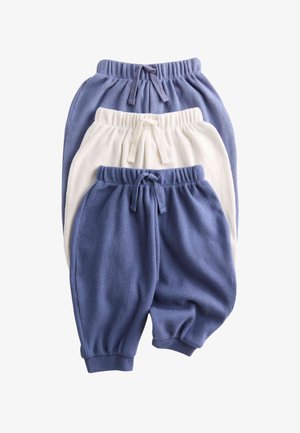 Set van drie gebreide babybroekjes in blauw en wit, elk met elastische taillebanden en aantrekkoorden, gestapeld weergegeven op een witte achtergrond.