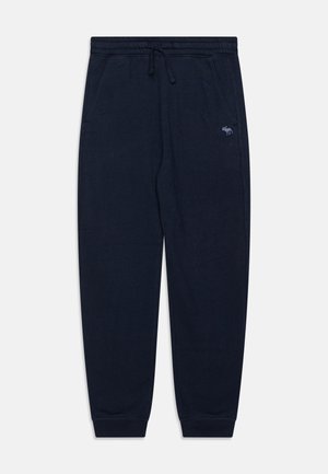 Donkerblauwe joggingbroek met elastische tailleband en trekkoord, zijzakken, geribde boorden en klein geborduurd elandlogo op het rechterdijbeen.