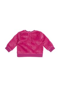 Puszysty różowy sweter z wzorem serc, okrągły dekolt, długie rękawy oraz ściągacze w ciemniejszym odcieniu różu.