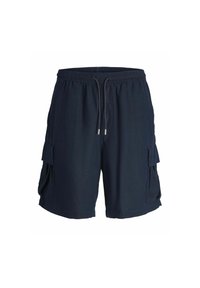 Pantaloni cargo blu scuro con vita elastica e cordino, tasche laterali e due grandi tasche cargo sulle cosce.