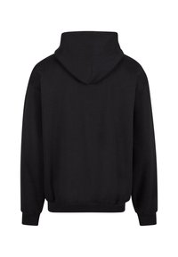 Black pullover hoodie featuring a drawstring hood, ribbed cuffs, and waistband. The fabric appears smooth with a soft texture.
