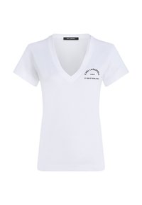Weißes Baumwoll-T-Shirt mit V-Ausschnitt, kurzen Ärmeln und schwarzem Druck-Logo-Detail auf der linken Brust und im unteren Rückenbereich.