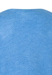 Helles blauer, gestrickter Pullover mit einem strukturierten Muster, der einen runden Halsausschnitt und ribbelige Kanten aufweist. Glatte Verarbeitung mit dezenten Nahtdetails.