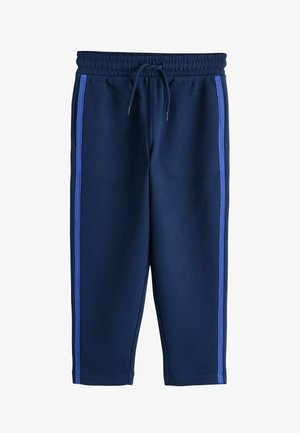 Pantaloni casual blu navy con vita elasticizzata e coulisse, con strisce blu più chiare lungo le cuciture laterali esterne.