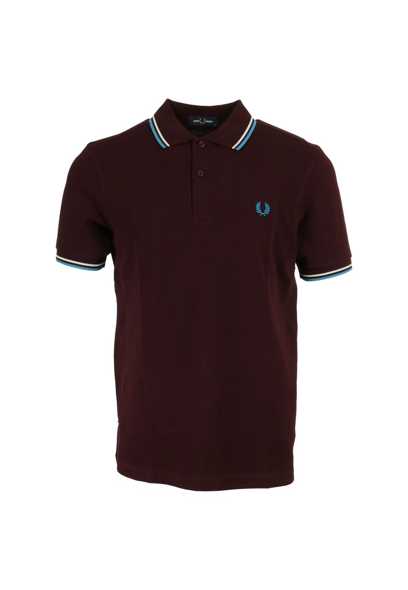 Burgundy pikétröja i bomull med en tvåknappslåsning, broderad logotyp på bröstet och randig krage och ärmar.