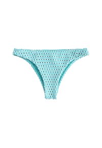 Turkio spalvos bikini apačia su horizontaliomis baltomis juostelėmis ir apskritimais. Pagaminta iš tamprios medžiagos, turi plonus šonus ir susegimus.