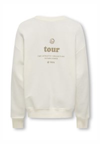 Felpa color crema con una vestibilità rilassata, caratterizzata da un logo stampato e testo sul retro in marrone chiaro, polsini e orlo a coste.