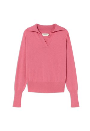 Maglione in lana rosa con scollo a V e ampio colletto. Caratterizzato da maniche lunghe e polsini e orlo a costine. Texture morbida con una finitura liscia.