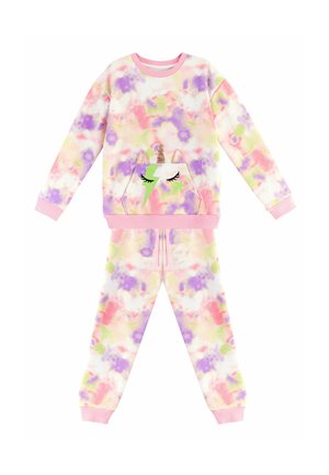 Roze en pastel tie-dye pyjama set met een eenhoorn-thema sweatshirt met capuchon en voorzak, gecombineerd met bijpassende joggingbroek met trekkoord.