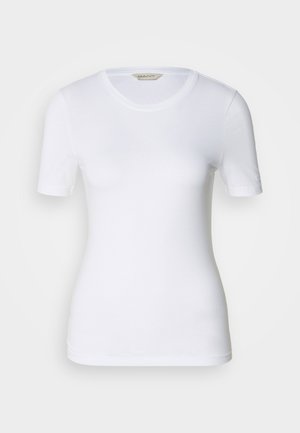 Weißes kurzärmliges T-Shirt aus weicher Baumwolle. Verfügt über einen klassischen runden Ausschnitt und eine figurbetonte Form ohne sichtbare Akzente oder Muster.