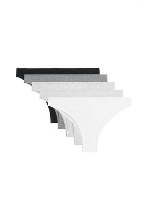 Cinq paires de culottes bikini pour femmes en noir, gris foncé, gris clair, gris chiné et blanc, empilées en éventail.